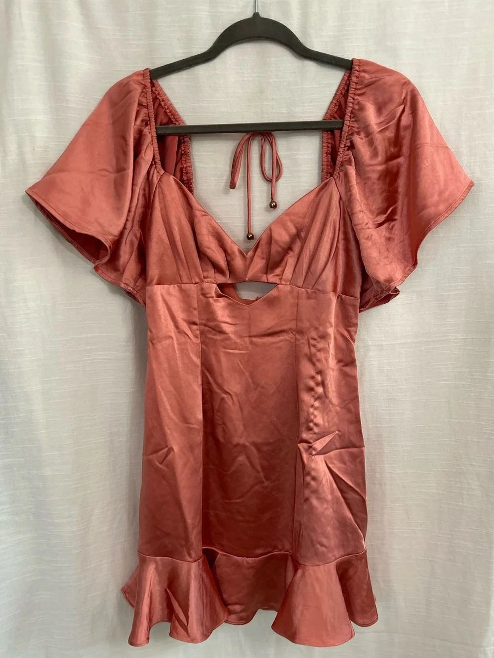 Hello Molly One Way Ticket Coral Slip Mini‎ Dress with Ruffle Detail and Cutouts